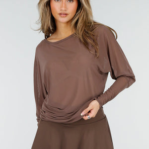 NEW150426 Bruine Mesh Top met Lange Mouwen