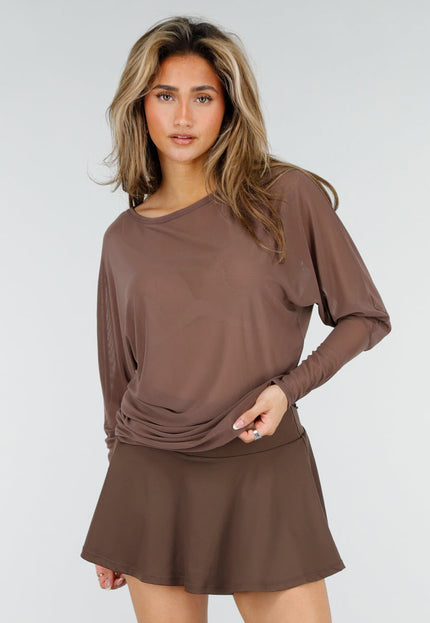 NEW150426 Bruine Mesh Top met Lange Mouwen