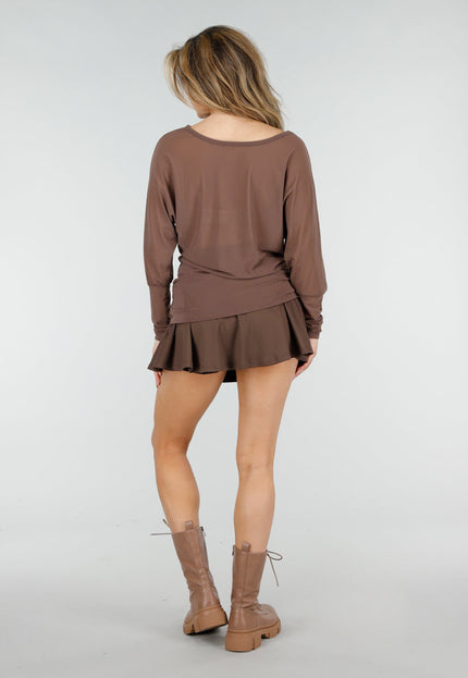 NEW150426 Bruine Mesh Top met Lange Mouwen