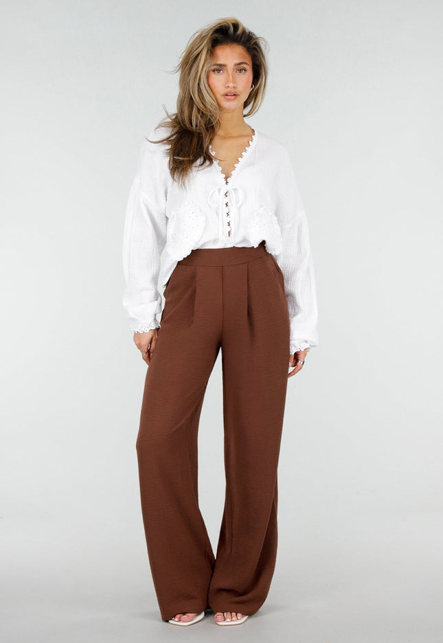 NEW150426 Bruine Wide Leg Linnenlook Broek