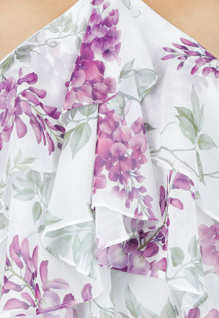 NEW150426 Witte Halter Jurk met Bloemenprint en Ruches