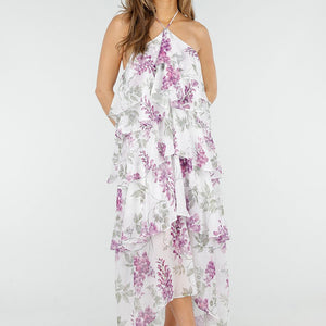 NEW150426 Witte Halter Jurk met Bloemenprint en Ruches
