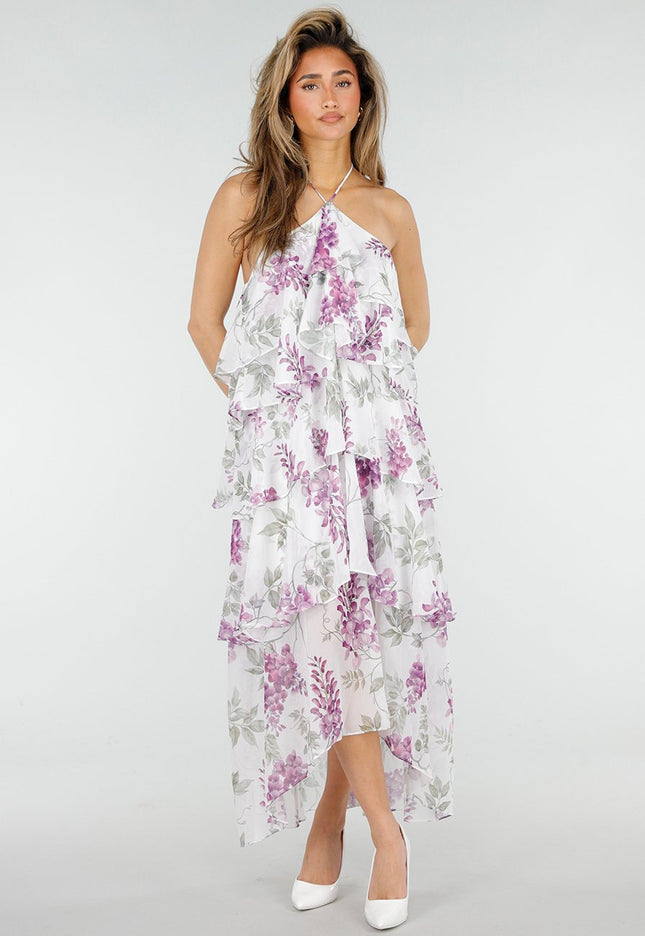 NEW150426 Witte Halter Jurk met Bloemenprint en Ruches