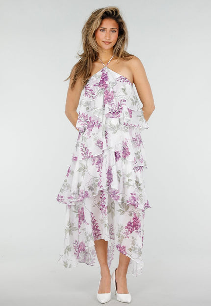 NEW150426 Witte Halter Jurk met Bloemenprint en Ruches