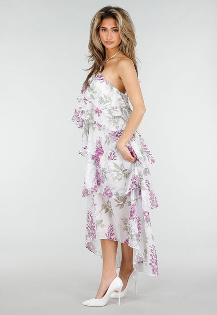 NEW150426 Witte Halter Jurk met Bloemenprint en Ruches