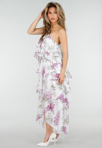 NEW150426 Witte Halter Jurk met Bloemenprint en Ruches