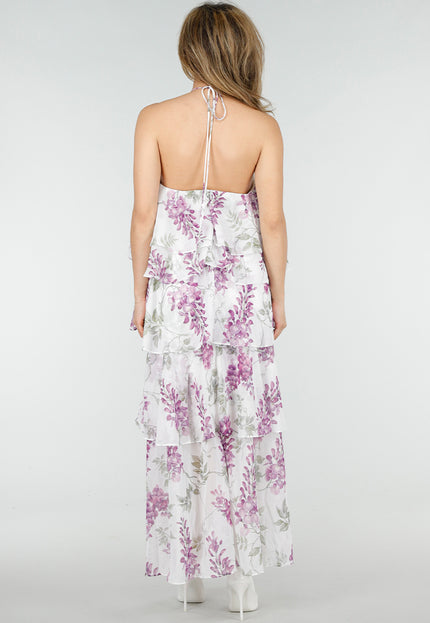 NEW150426 Witte Halter Jurk met Bloemenprint en Ruches