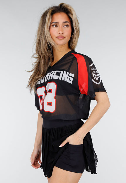 NEW150426 Zwart Rood Mesh Jersey T-Shirt