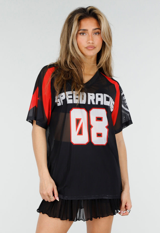 NEW150426 Zwart Rood Mesh Jersey T-Shirt