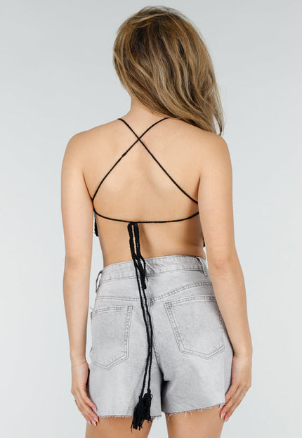 NEW150426 Zwarte Gehaakte Halter Top met Kwastjes