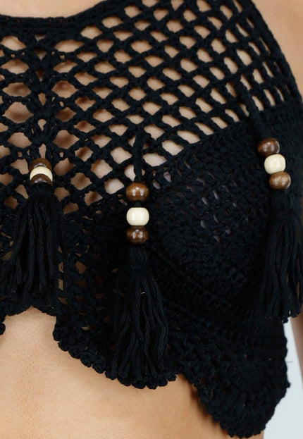 NEW150426 Zwarte Gehaakte Halter Top met Kwastjes