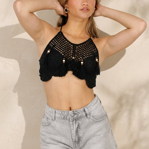 NEW150426 Zwarte Gehaakte Halter Top met Kwastjes