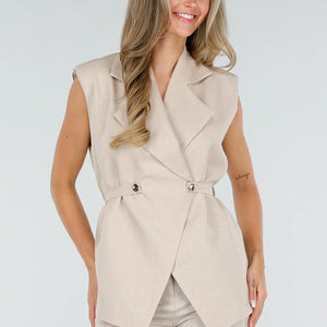 NEW150726 Beige Mouwloze Gilet met Strikceintuur