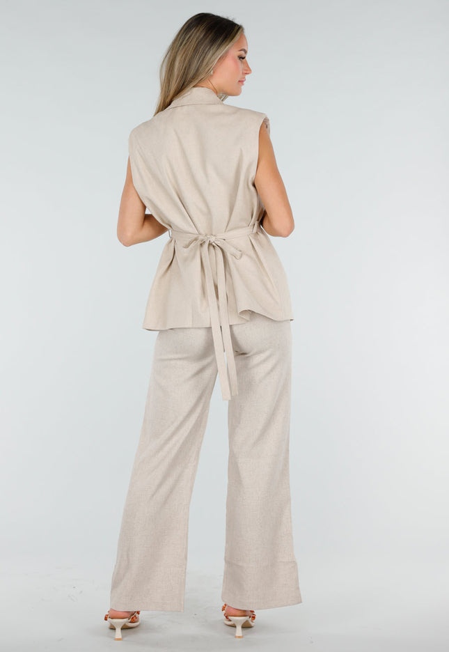 NEW150726 Beige Mouwloze Gilet met Strikceintuur