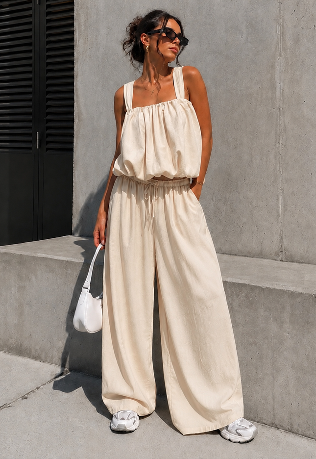 NEW150726 Beige Stretch Two Piece Set