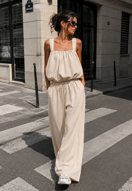 NEW150726 Beige Stretch Two Piece Set