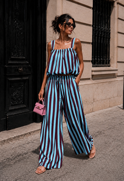 NEW150726 Blauwe Burgundy Gestreepte Two Piece Set