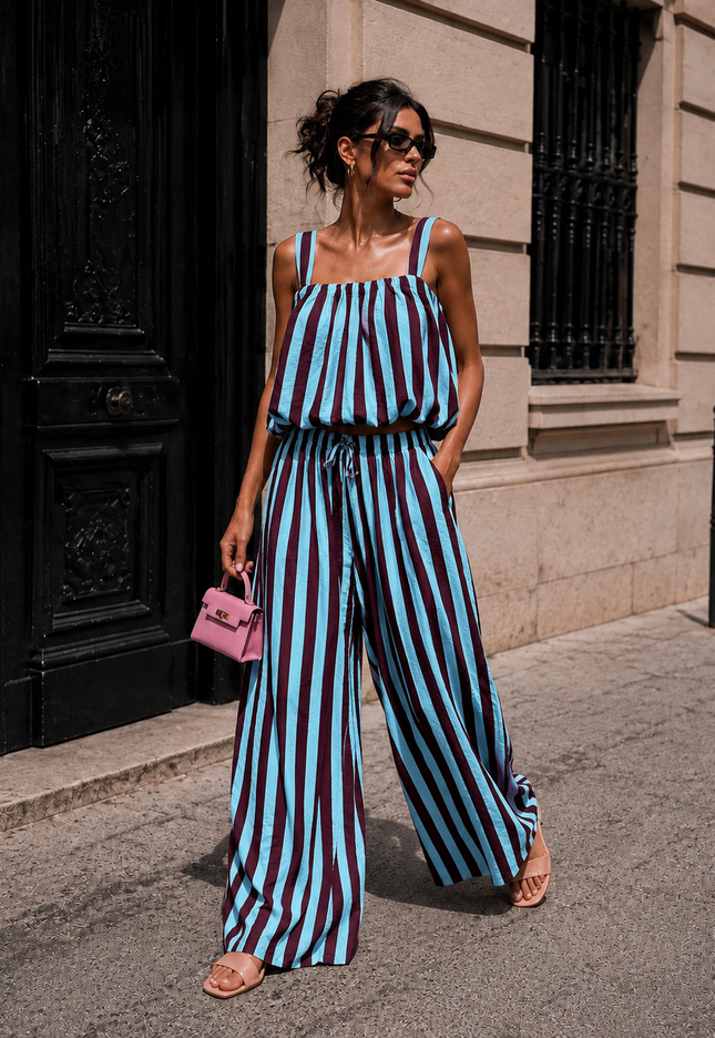 NEW150726 Blauwe Burgundy Gestreepte Two Piece Set