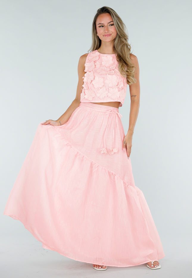 NEW150726 Lichtroze Maxi Rok met Strikceintuur