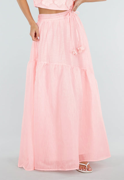 NEW150726 Lichtroze Maxi Rok met Strikceintuur