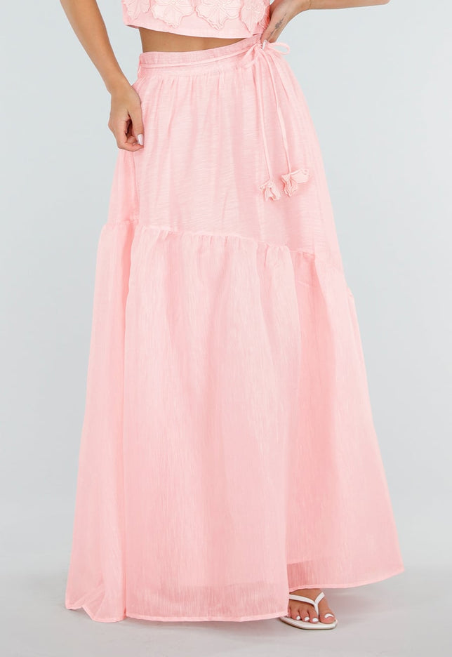NEW150726 Lichtroze Maxi Rok met Strikceintuur