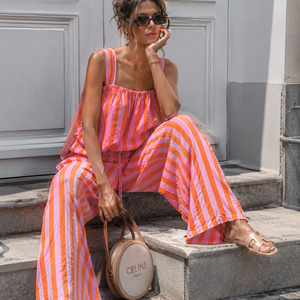 NEW150726 Roze Oranje Gestreepte Tweedelige Set