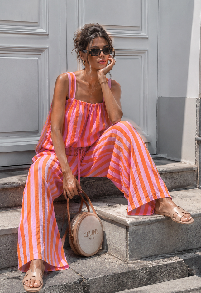 NEW150726 Roze Oranje Gestreepte Tweedelige Set