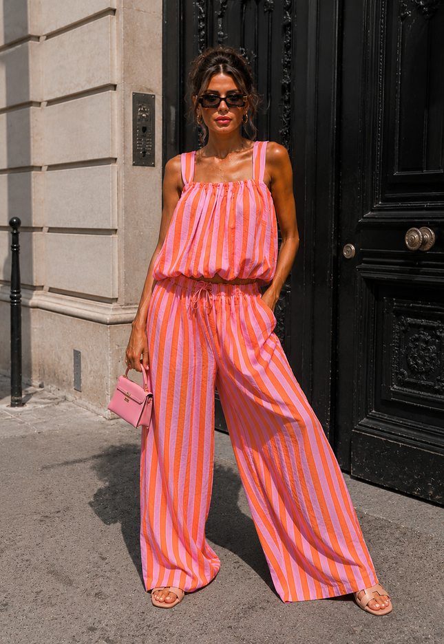 NEW150726 Roze Oranje Gestreepte Tweedelige Set