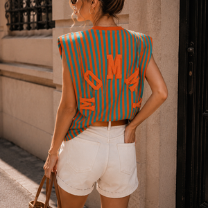NEW150726 Turquoise Oranje Gestreepte Top