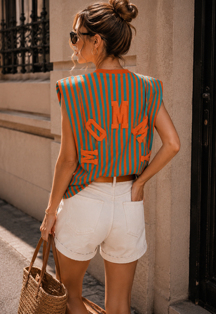 NEW150726 Turquoise Oranje Gestreepte Top