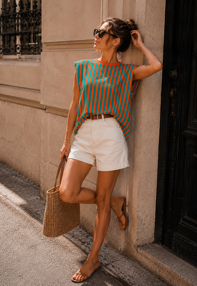 NEW150726 Turquoise Oranje Gestreepte Top