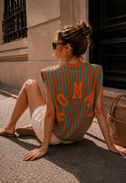 NEW150726 Turquoise Oranje Gestreepte Top