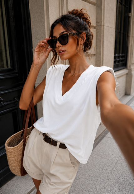NEW150726 Witte Top met Schoudervullingen