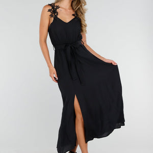 NEW150726 Zwarte Mousseline Maxi Jurk met Kantdetail