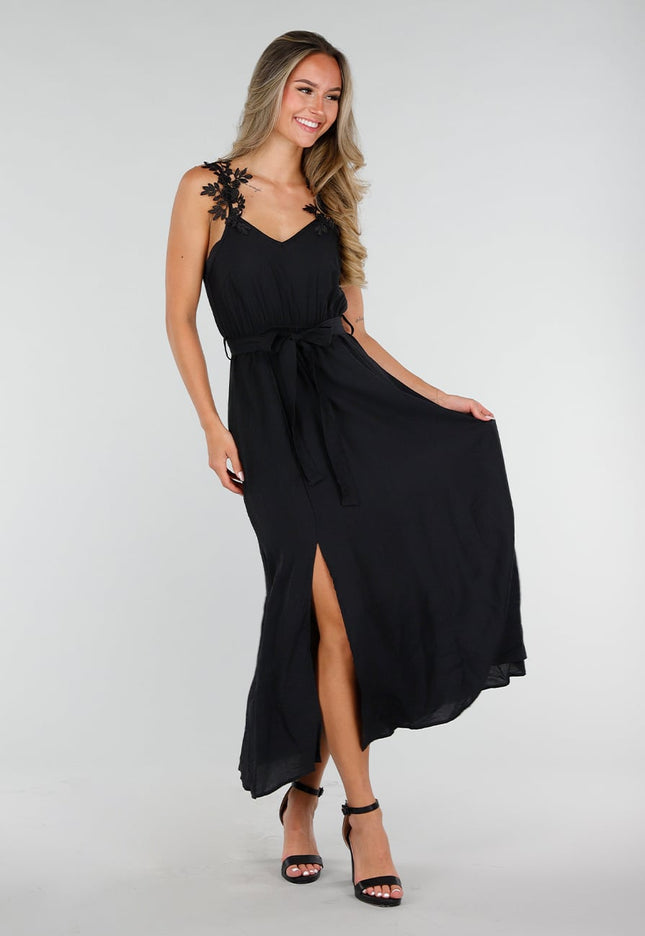 NEW150726 Zwarte Mousseline Maxi Jurk met Kantdetail