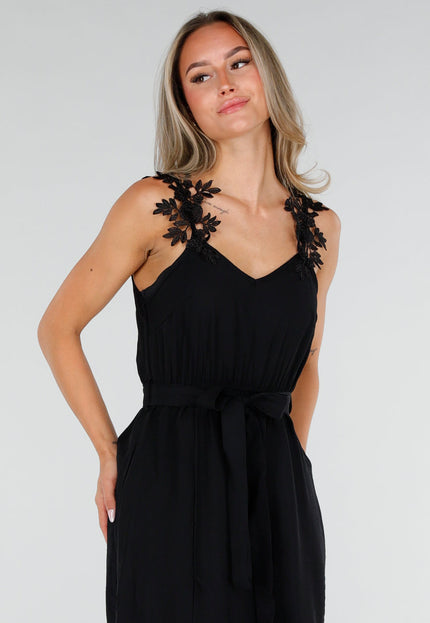 NEW150726 Zwarte Mousseline Maxi Jurk met Kantdetail