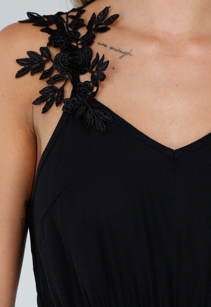 NEW150726 Zwarte Mousseline Maxi Jurk met Kantdetail