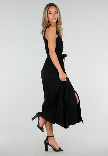 NEW150726 Zwarte Mousseline Maxi Jurk met Kantdetail