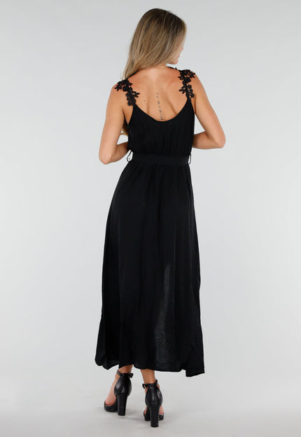 NEW150726 Zwarte Mousseline Maxi Jurk met Kantdetail