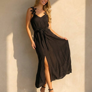 NEW150726 Zwarte Mousseline Maxi Jurk met Kantdetail