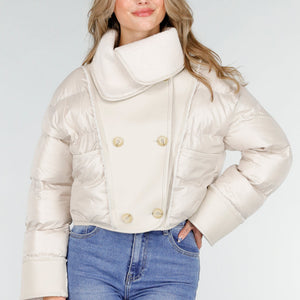 NEW151025 Beige Puffer Jas met Teddy Kraag