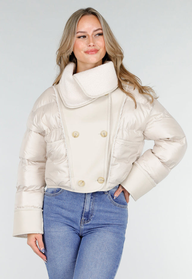 NEW151025 Beige Puffer Jas met Teddy Kraag
