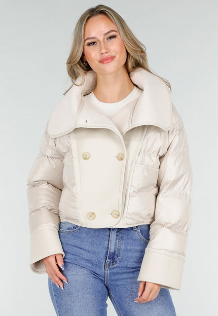 NEW151025 Beige Puffer Jas met Teddy Kraag