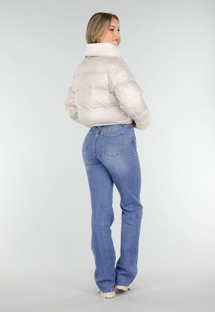 NEW151025 Beige Puffer Jas met Teddy Kraag