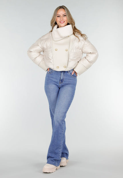 NEW151025 Beige Puffer Jas met Teddy Kraag