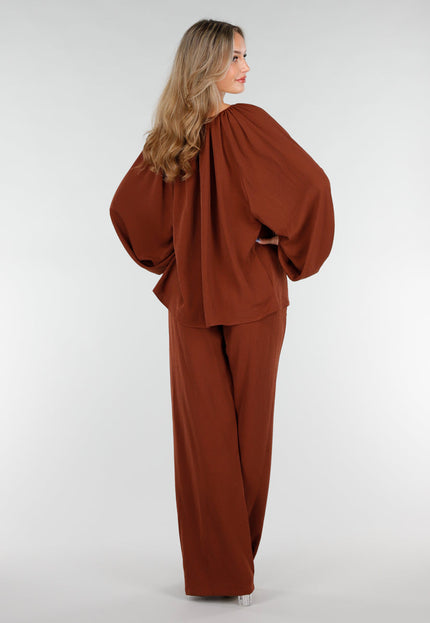 NEW151025 Rood Bruine Linnenlook Blouse