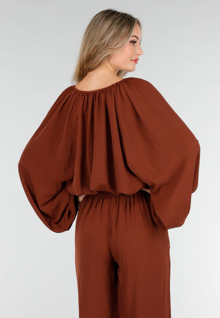 NEW151025 Rood Bruine Linnenlook Blouse