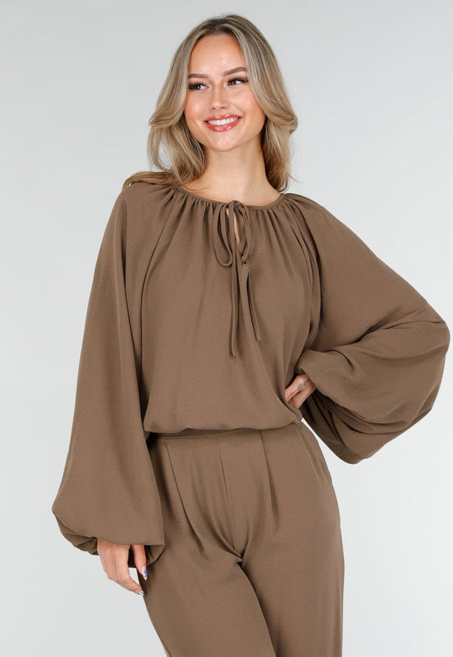 NEW151025 Bruine Linnenlook Blouse