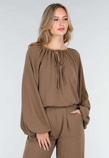 NEW151025 Bruine Linnenlook Blouse