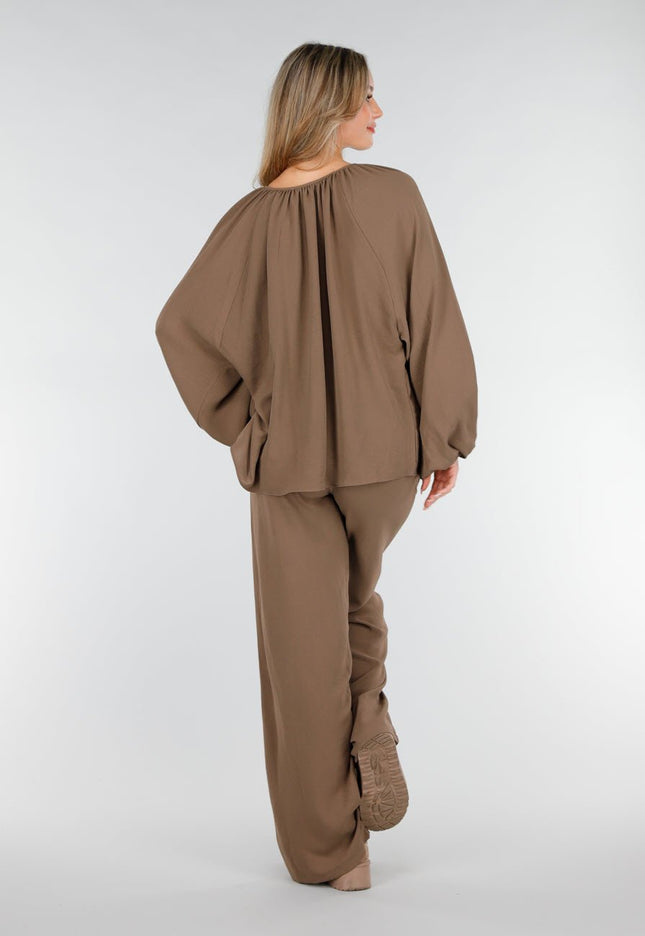 NEW151025 Bruine Linnenlook Blouse